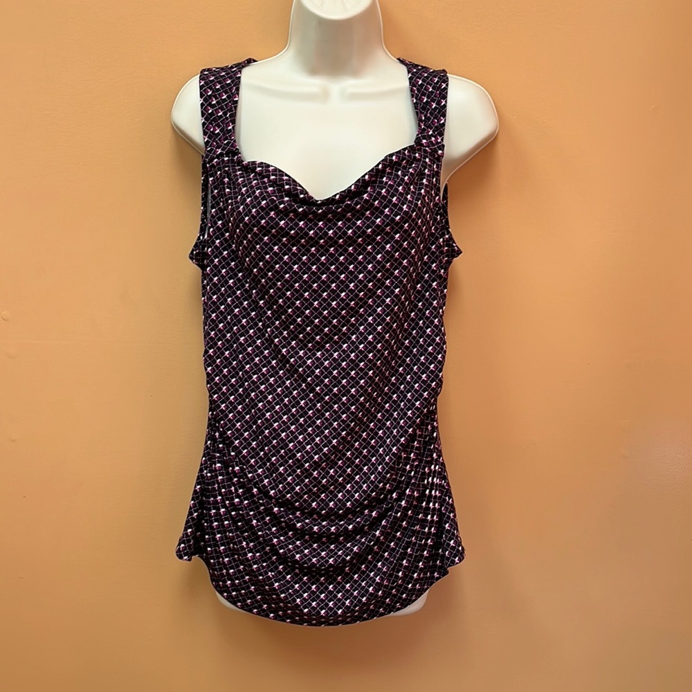 White House Black Market sleeveless cowl neck top, sz M, black and purple print